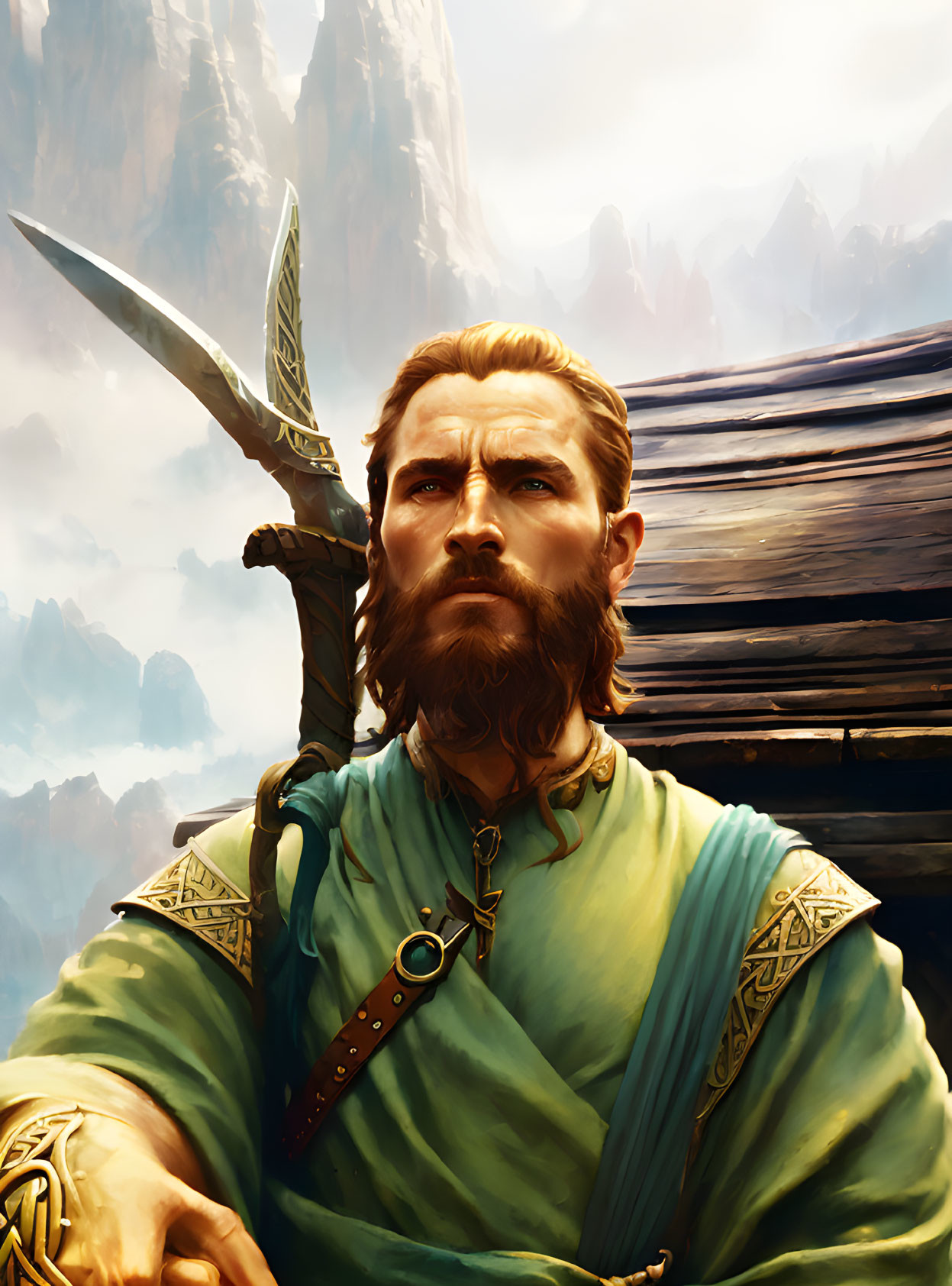 Bearded man in green tunic wields sword against mountain backdrop