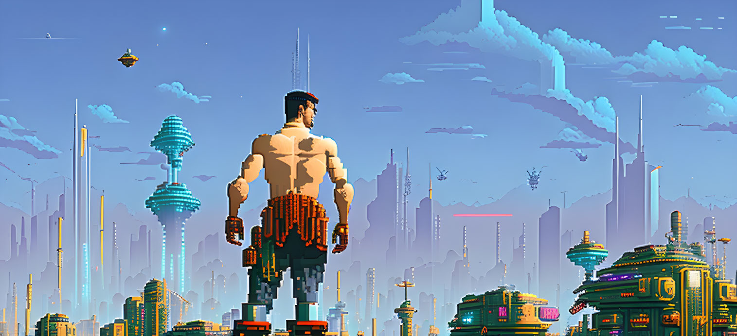 Futuristic cityscape digital artwork with cybernetic figure and skyscrapers