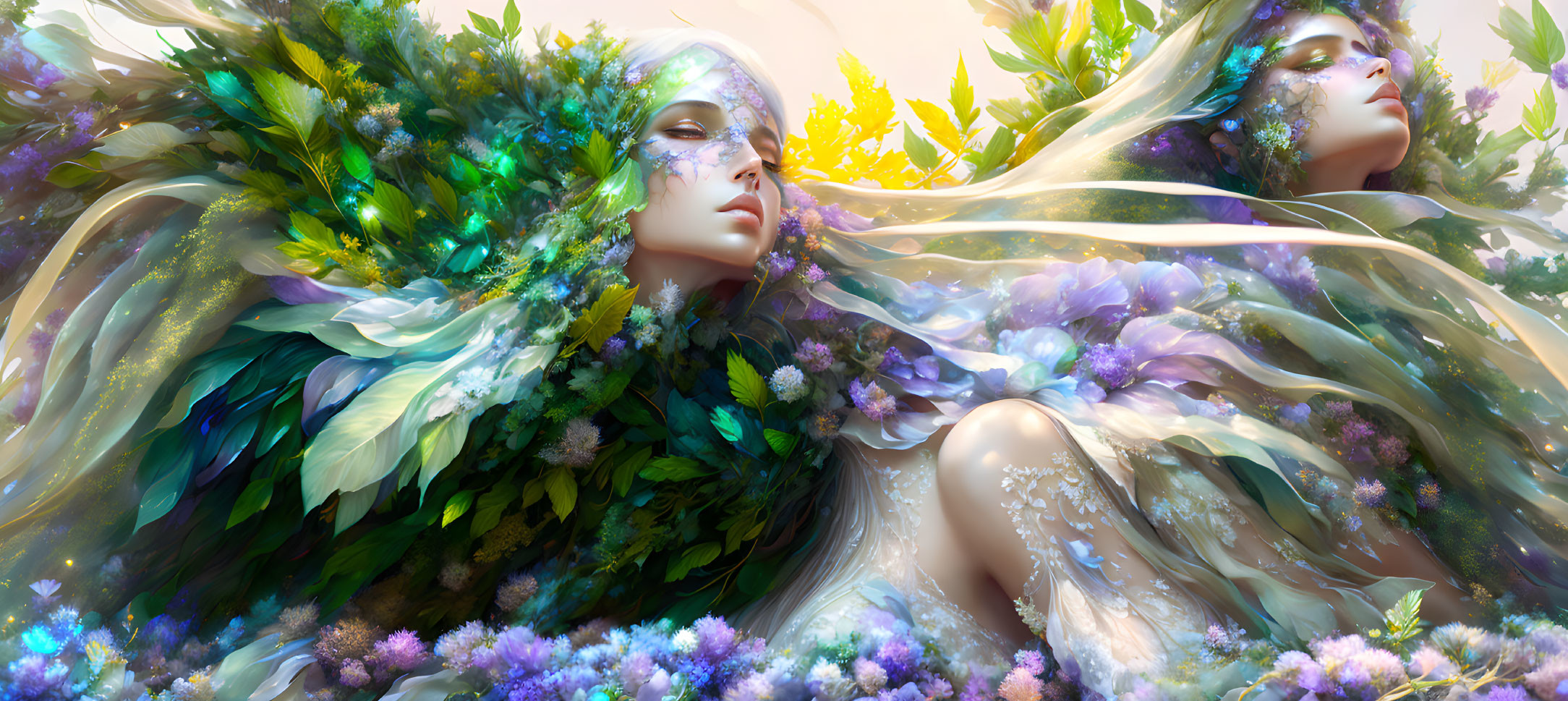 Mystical beings with foliage and flower hair in green and purple hues on serene backdrop