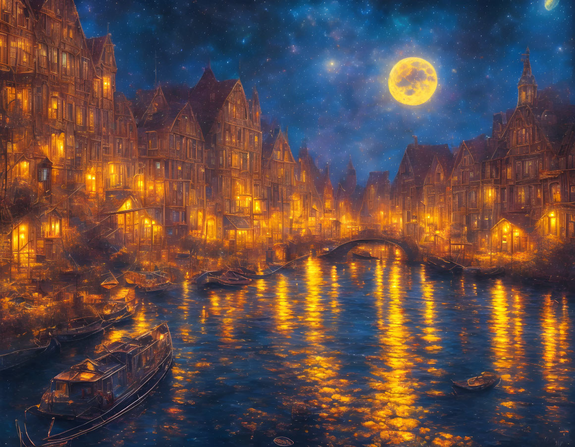 Vintage town night scene: Glowing windows, river reflections, starry sky.