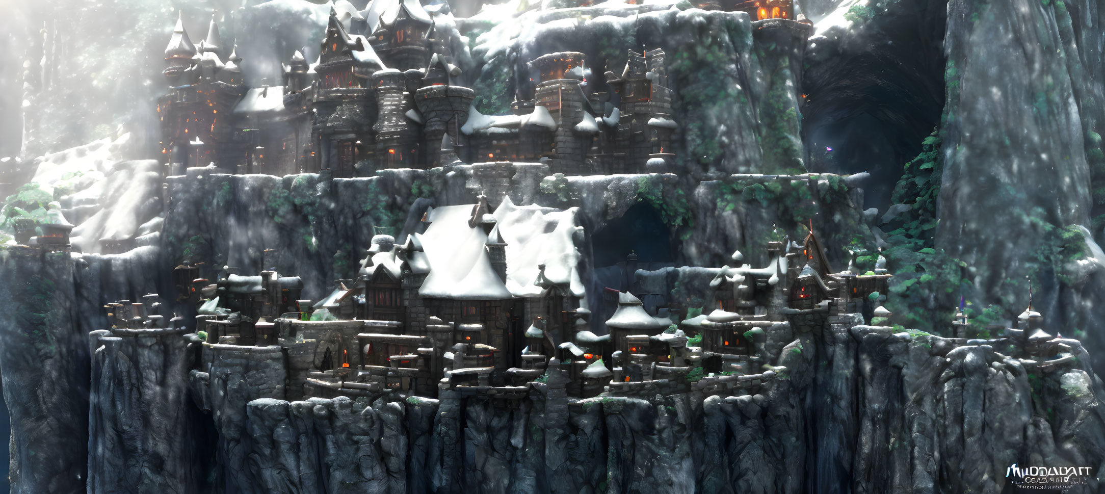 Snowy cliffside village with stone houses, frozen waterfalls, and castle in wintry landscape