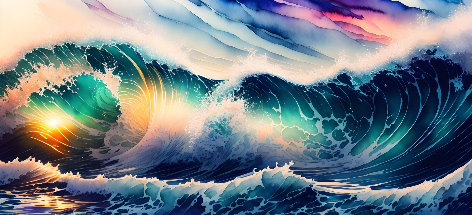 Illustration: Dynamic ocean waves under colorful sunset.