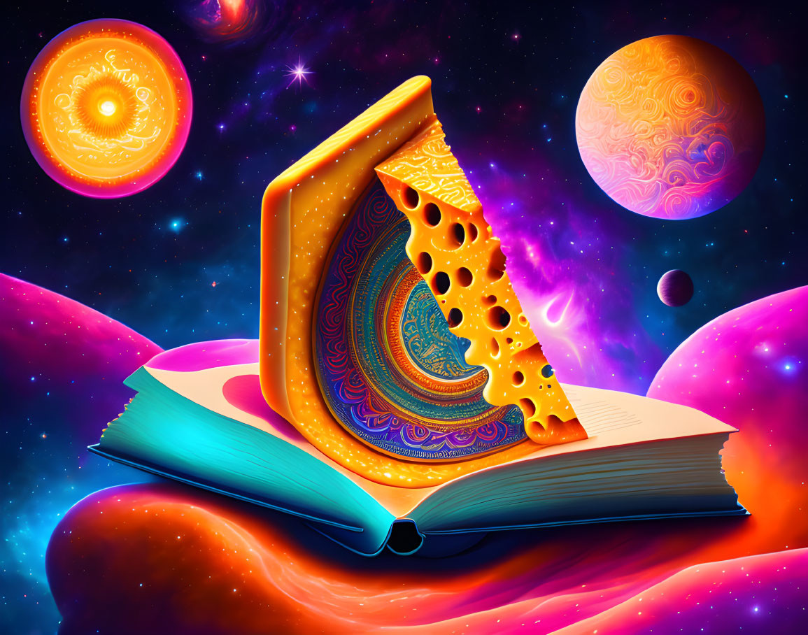 Colorful open book with melting cheese cover on cosmic background