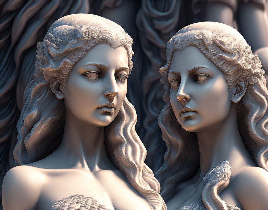 Two Women Statues with Intricate Hairstyles and Contemplative Expressions