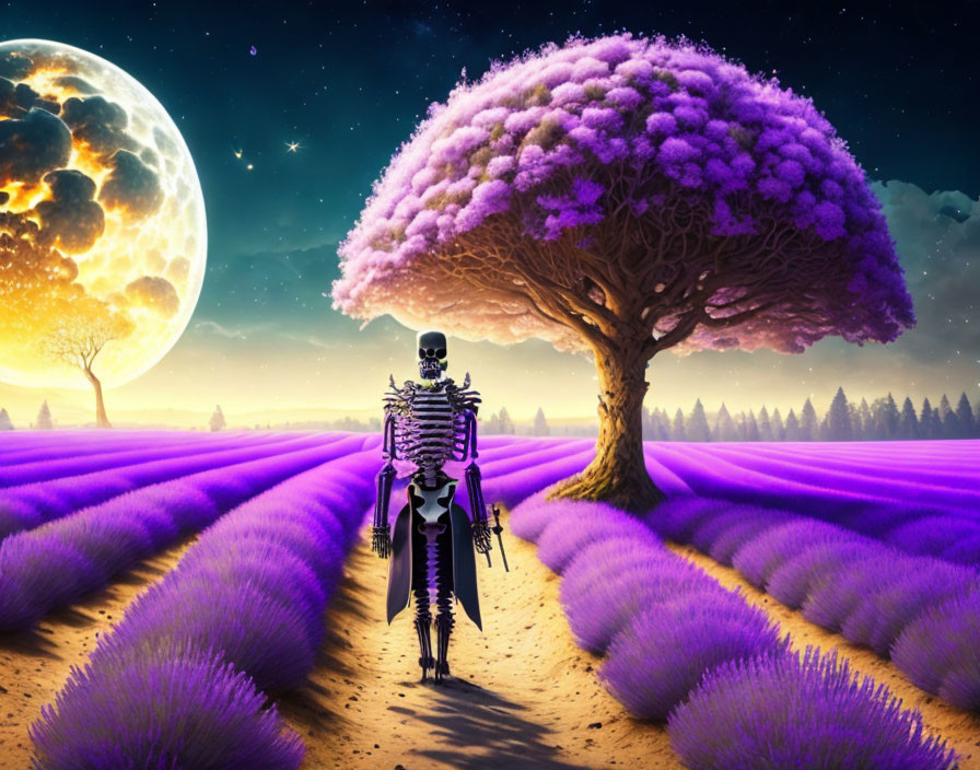 Skeleton in lavender field under starlit sky with moon and purple tree