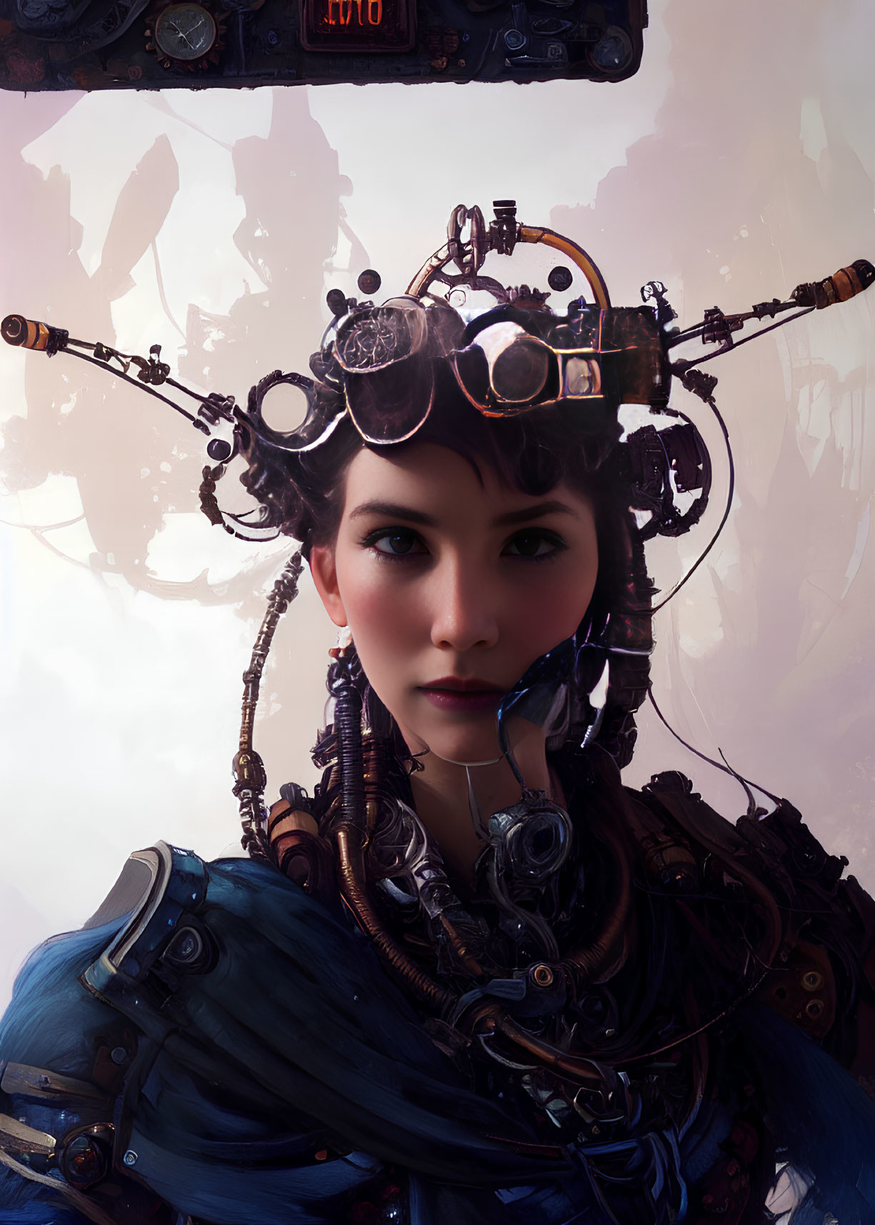 Futuristic woman with mechanical headpiece and goggles in sleek armor