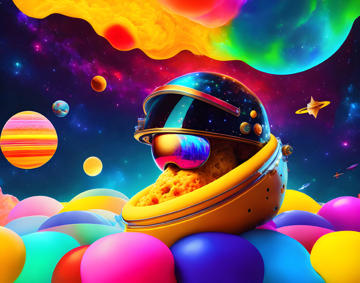 Colorful Space Scene with Helmet-Shaped Spaceship and Planets