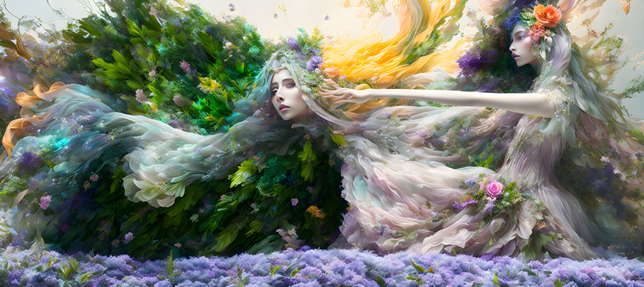 Ethereal women merge with floral elements in fantasy illustration