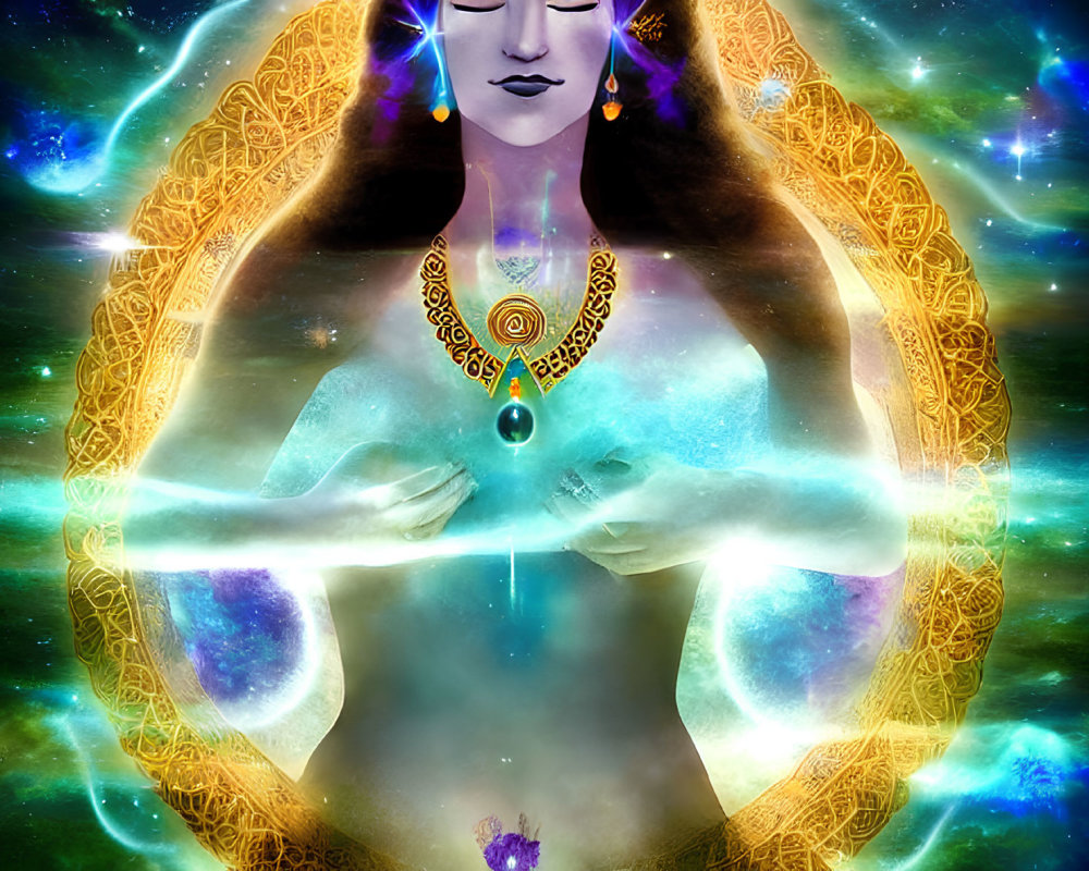 Digital Artwork: Serene Celestial Woman with Cosmic Motifs