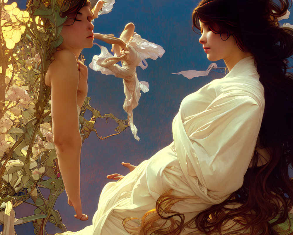 Woman in white dress gazes at winged creature among blooming flowers under golden light