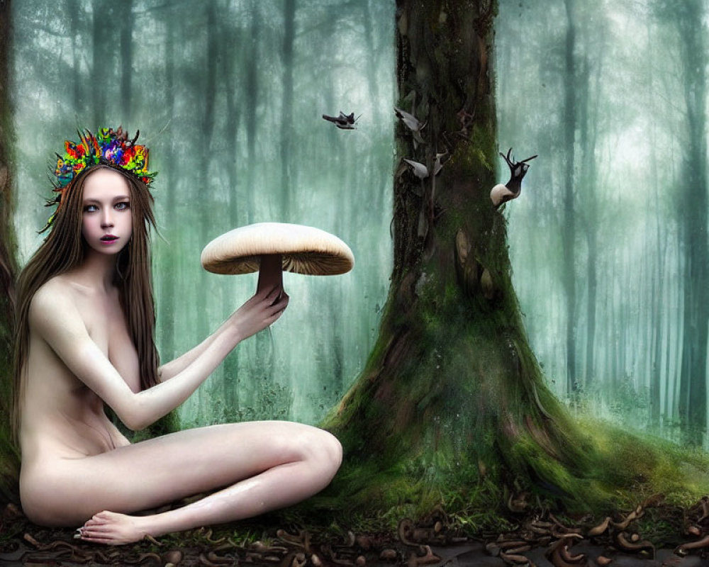 Woman wearing floral crown in mystical forest with large mushroom, birds, and misty trees.