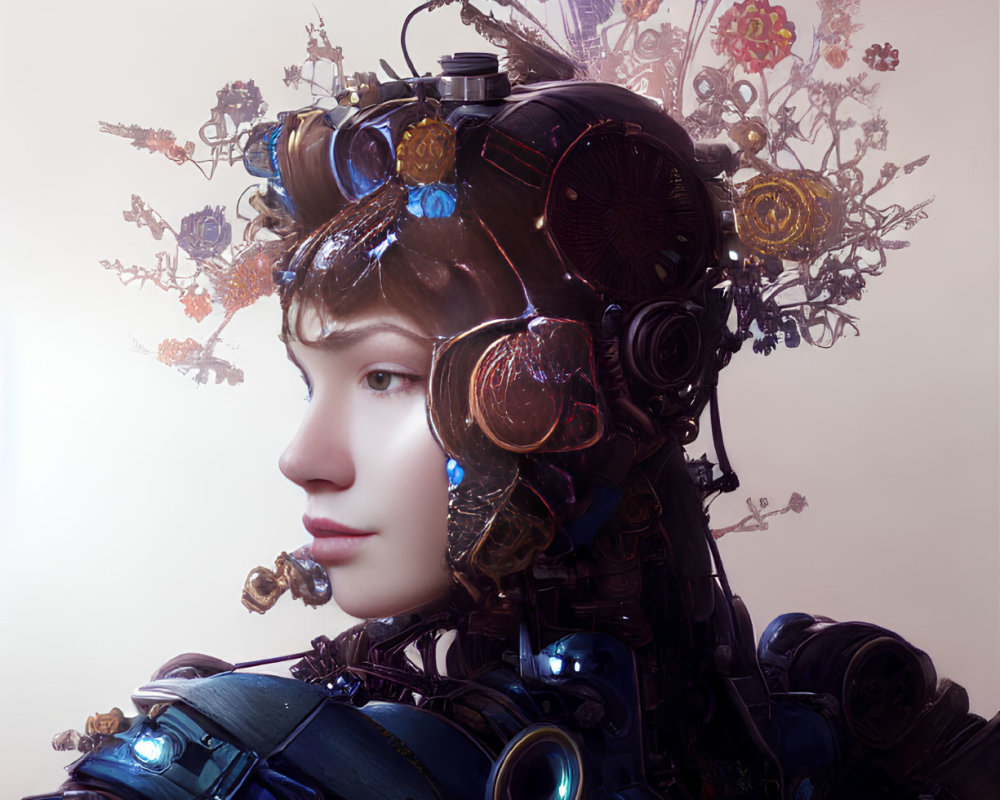 Futuristic steampunk digital artwork of woman with intricate mechanical headdress