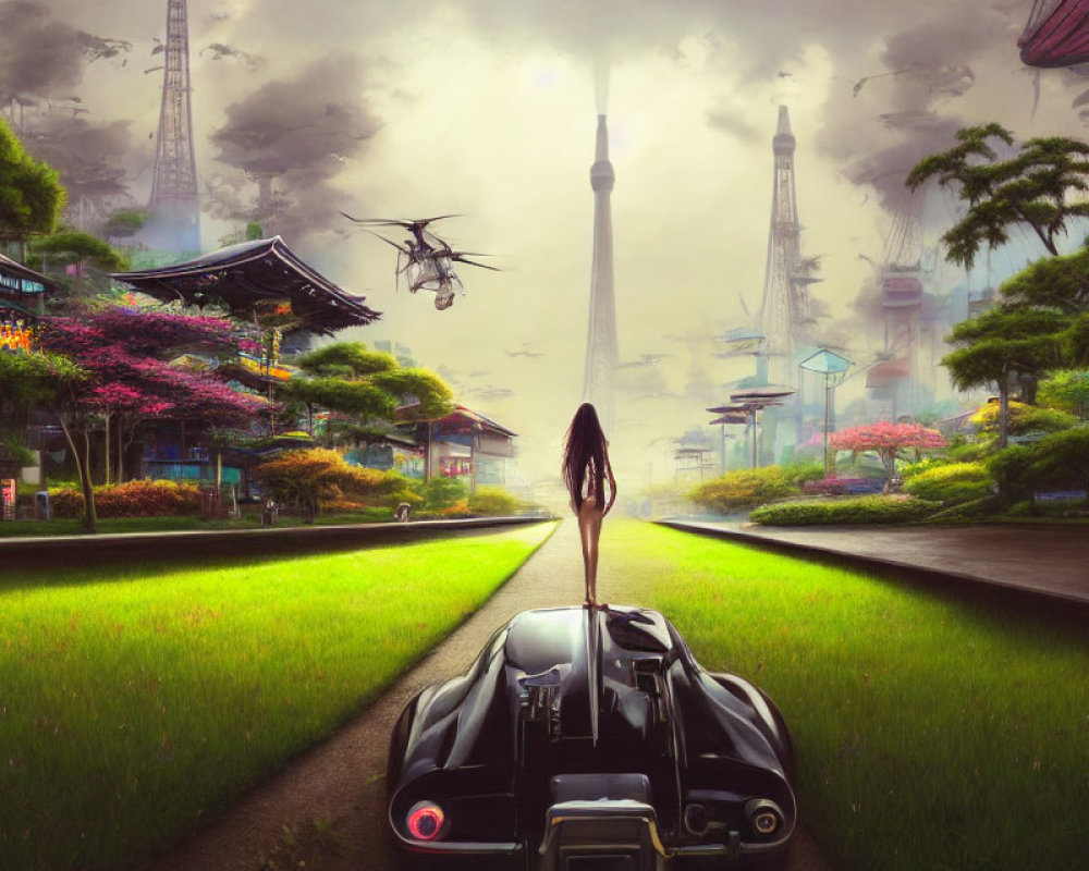 Futuristic vehicle and person in lush green cityscape