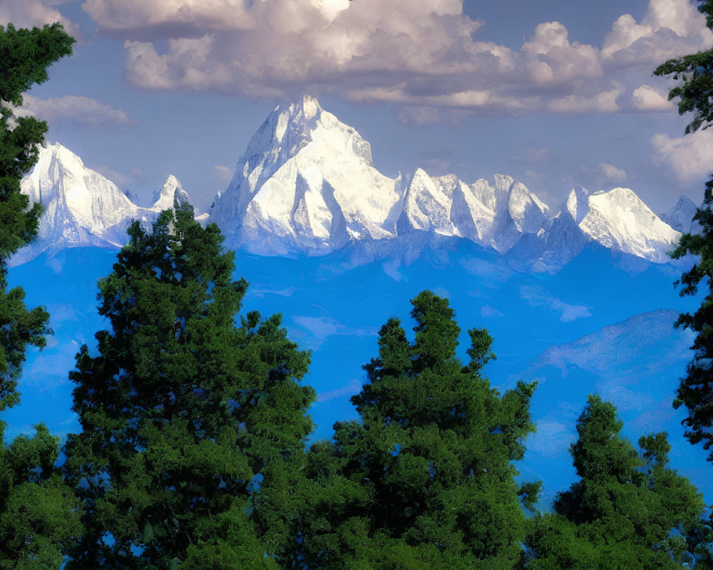 Majestic snow-capped mountain peaks and lush green trees under cloudy sky