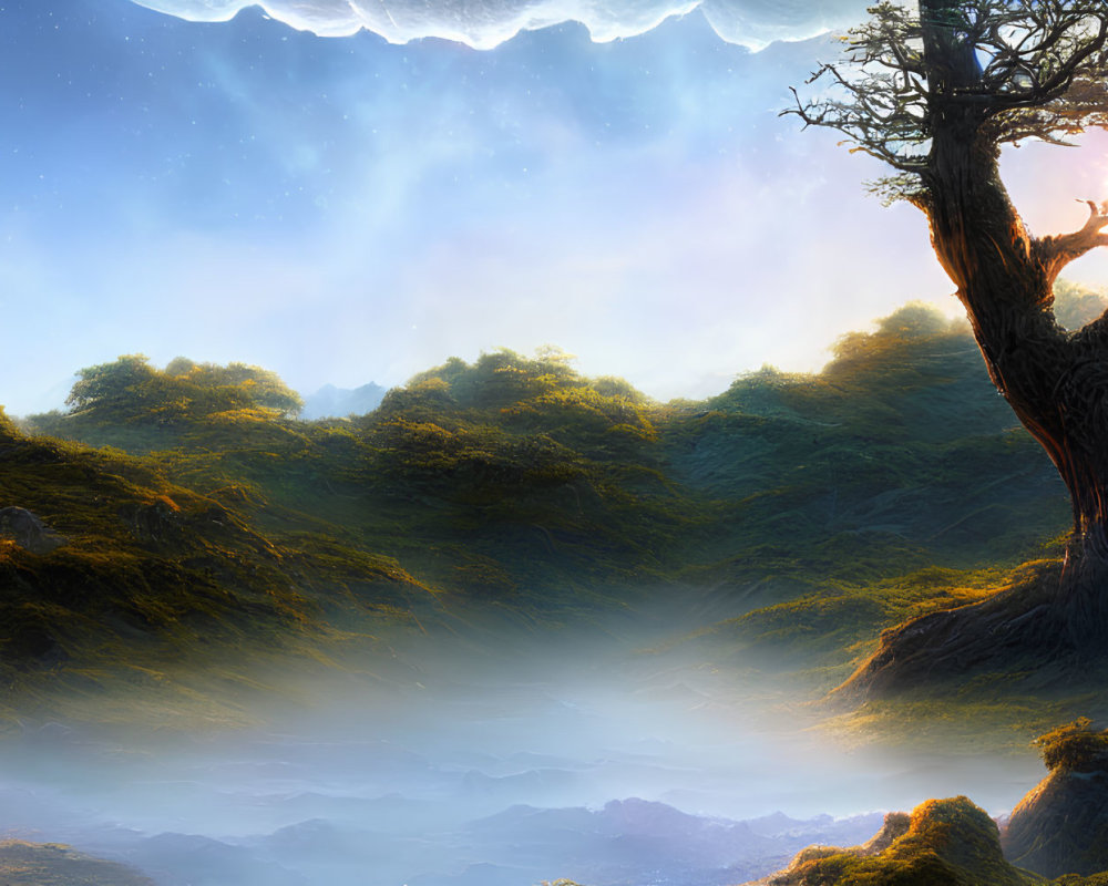 Sunlit tree on misty hill in mystical landscape