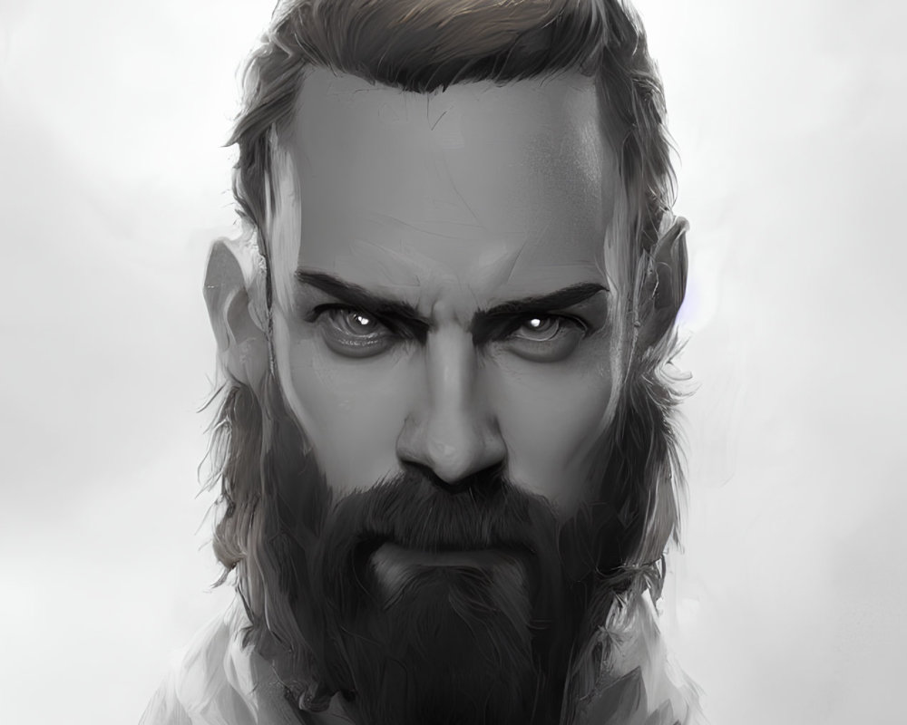 Monochromatic digital portrait of a bearded man with intense gaze and collared shirt