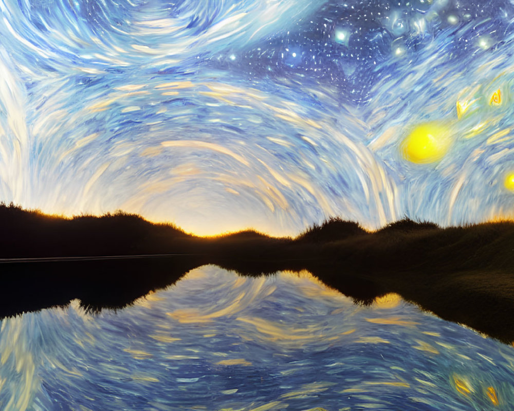 Person standing by calm water under swirling starry sky reminiscent of "Starry Night" painting