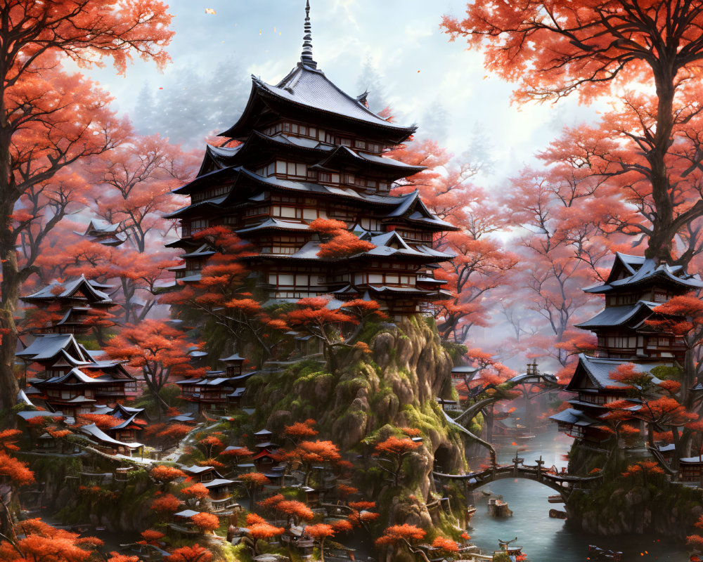 Elaborate Pagoda with Autumn Foliage and Stone Bridge