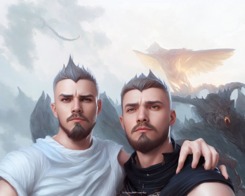 Men with similar features in black and white with fiery winged creature in misty mountainous backdrop