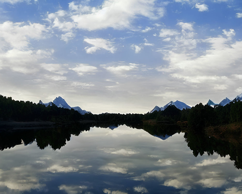 Tranquil Lake with Clouds, Mountains, and Blue Sky