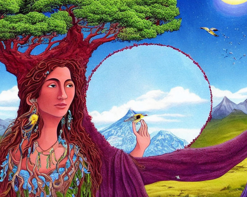 Vibrant illustration of woman with tree-like hair holding hummingbird