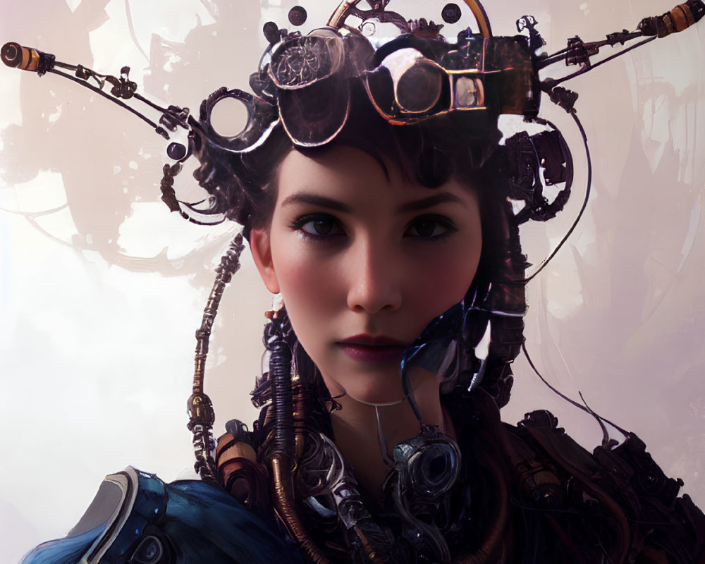 Futuristic woman with mechanical headpiece and goggles in sleek armor