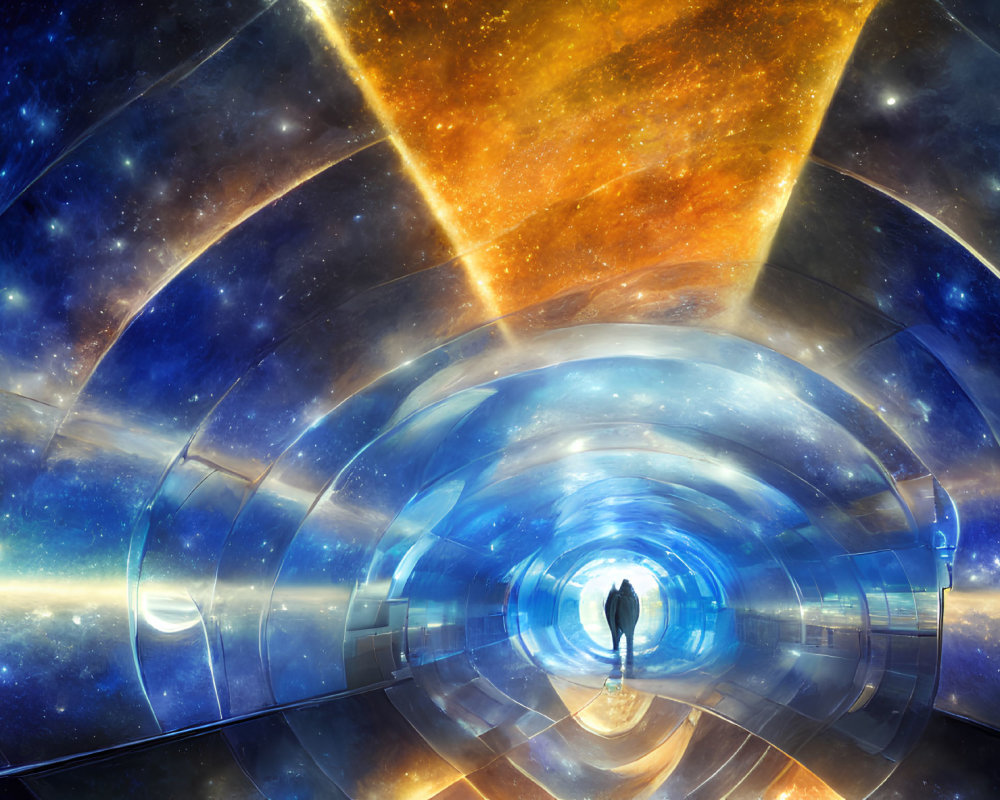 Futuristic tunnel with cosmic imagery and vibrant blue and orange hues