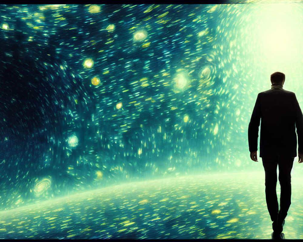 Person walking toward bright light in cosmos backdrop.