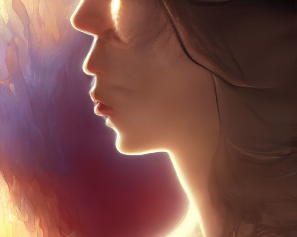 Person's Side Profile with Glowing Edges on Warm Abstract Background