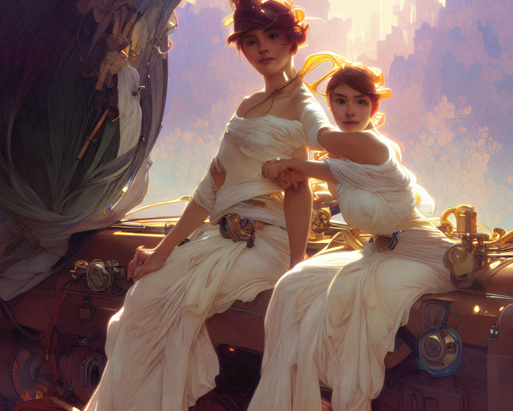 Two women in white dresses on steampunk airship with golden accessories.