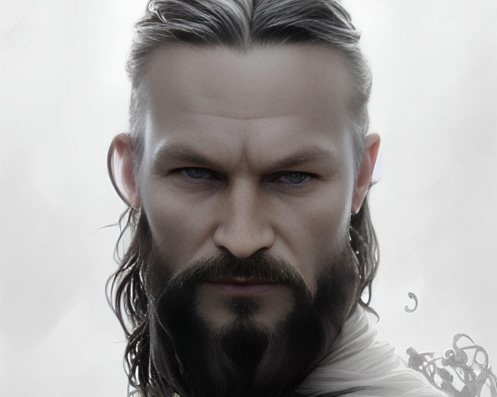 Male figure with long dark hair, beard, intense eyes, and earring on misty background