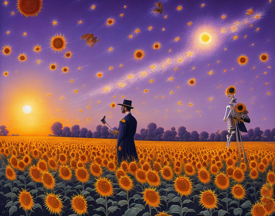 Man in top hat directs stars in sunflower field with skeleton playing violin under orange-purple sky