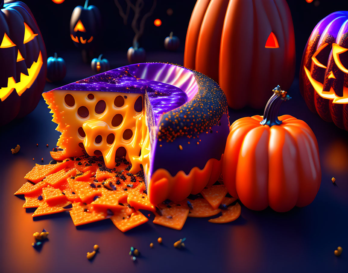 Whimsical Halloween scene with melting cheese, pumpkins, chips, and candies