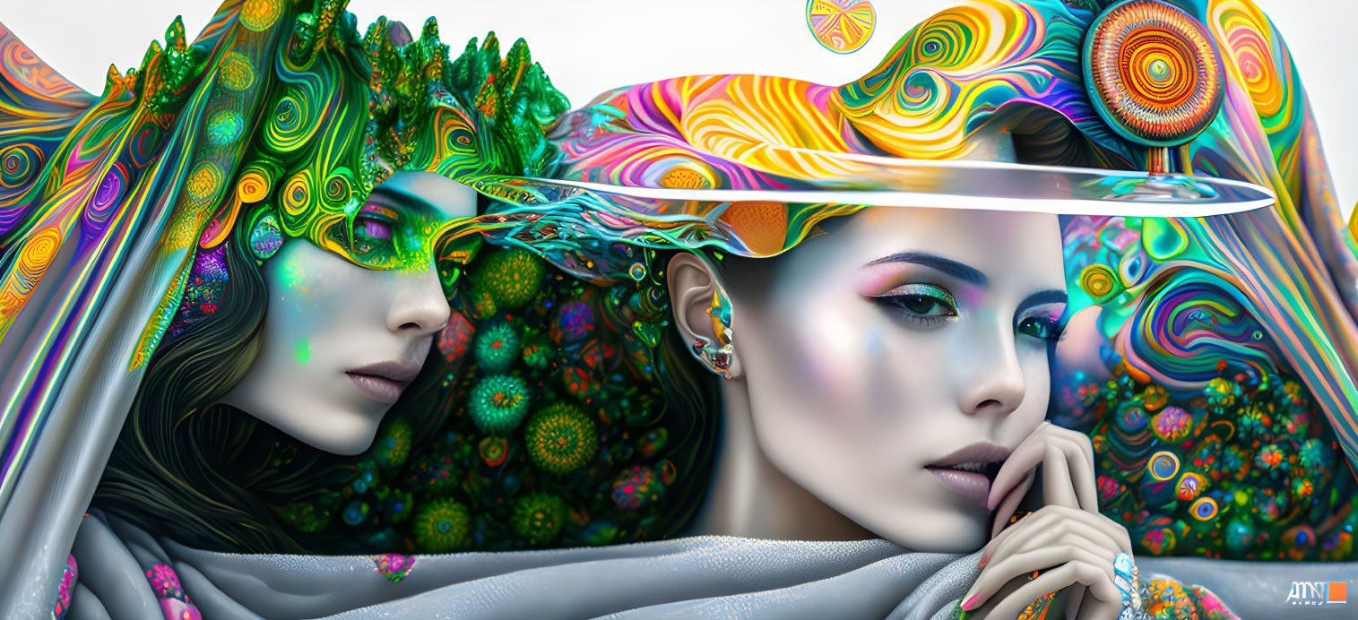 Colorful digital artwork of two women with psychedelic patterns and reflective disc.