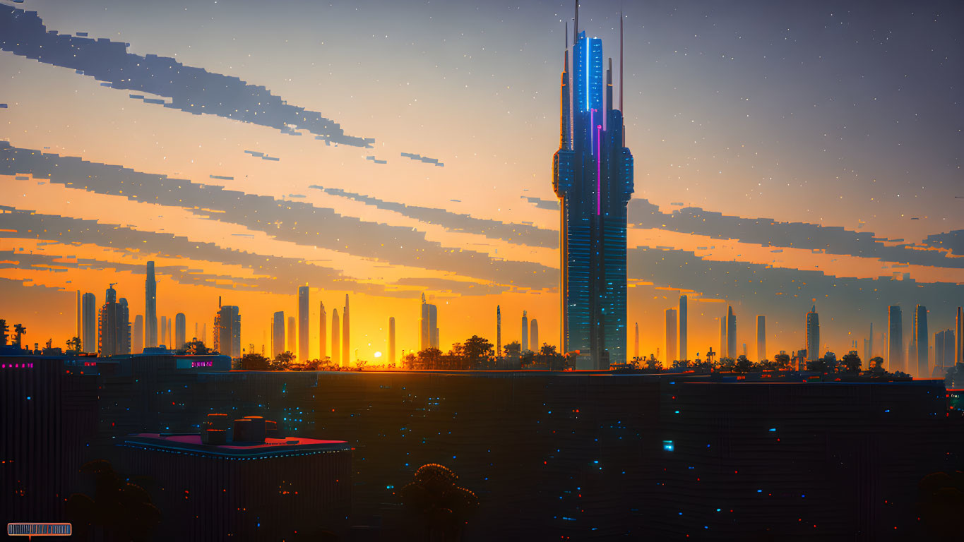 Futuristic city skyline with skyscrapers at sunset