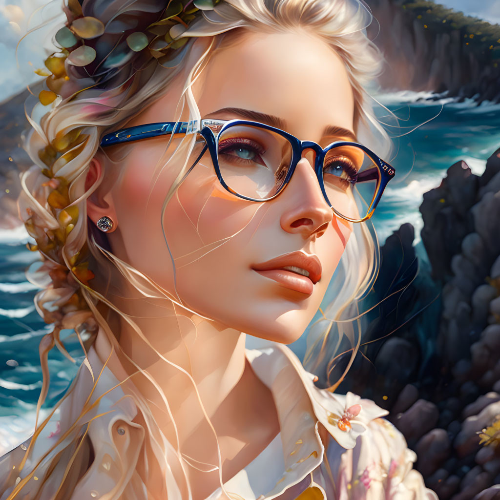 Blonde Woman with Floral Hair in Coastal Scene