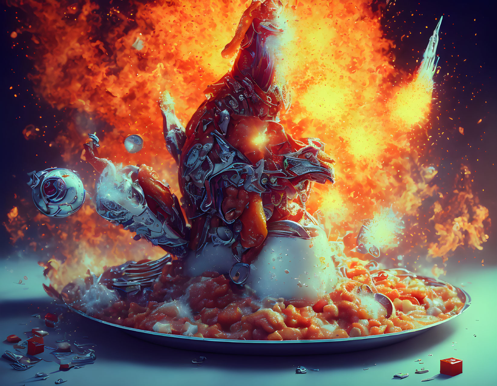 Colorful digital artwork: Robotic chicken emerges from beans with flames and flying utensils.