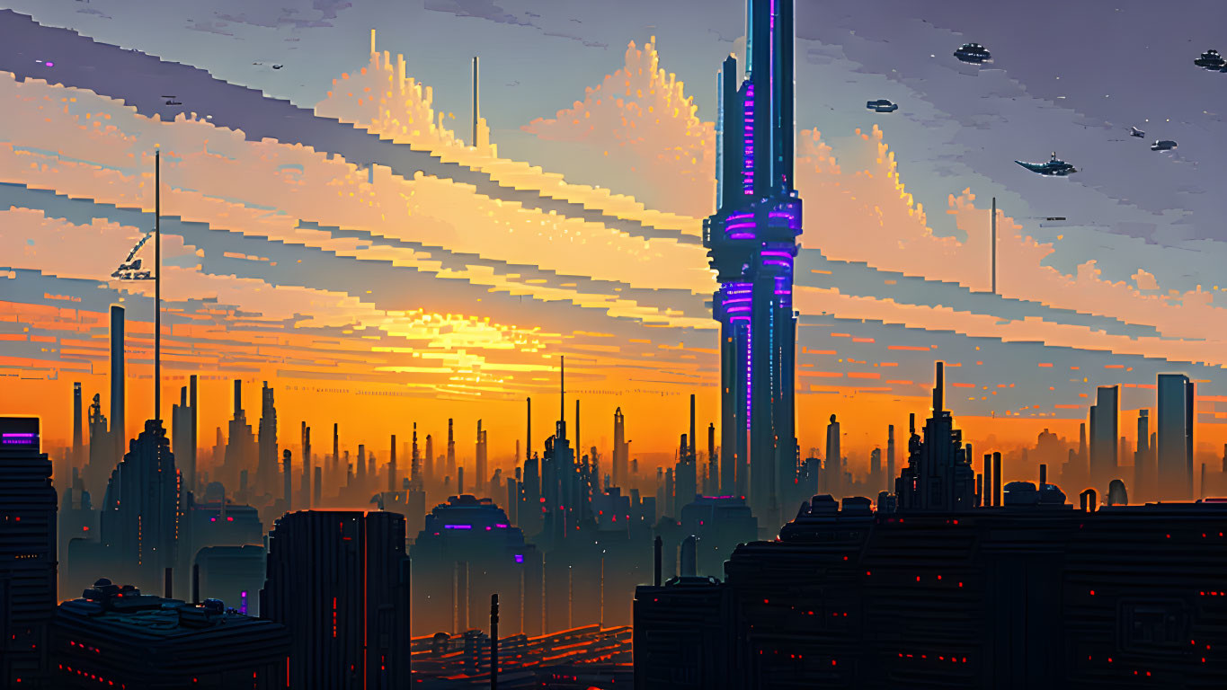 Futuristic cityscape sunrise with skyscrapers and flying vehicles