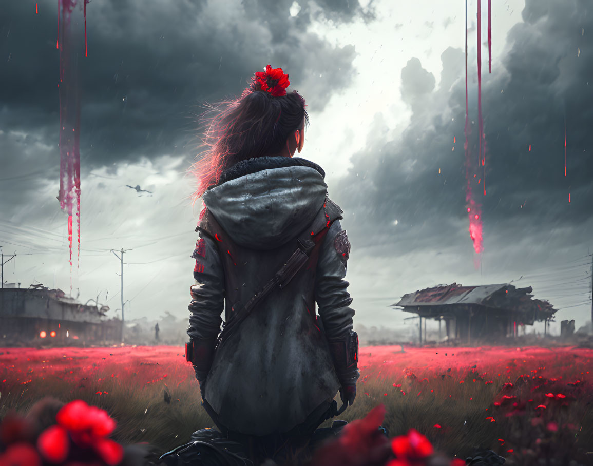 Person with Backpack in Red Flower Field Under Stormy Sky