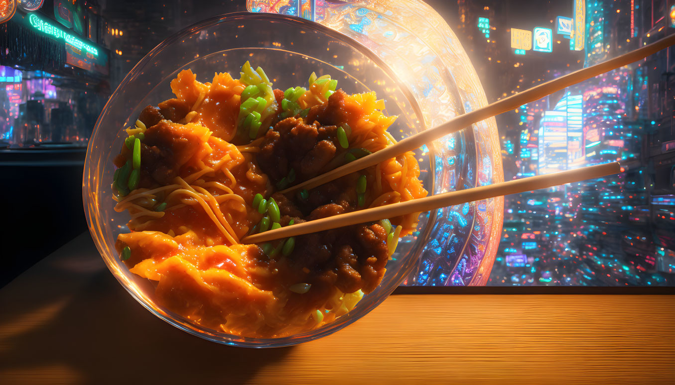 Asian Cuisine Bowl with Noodles, Beef, Vegetables, and Chopsticks in Neon Cityscape