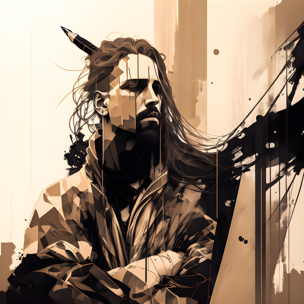 Geometric sepia-toned digital portrait of a man with long hair and a beard