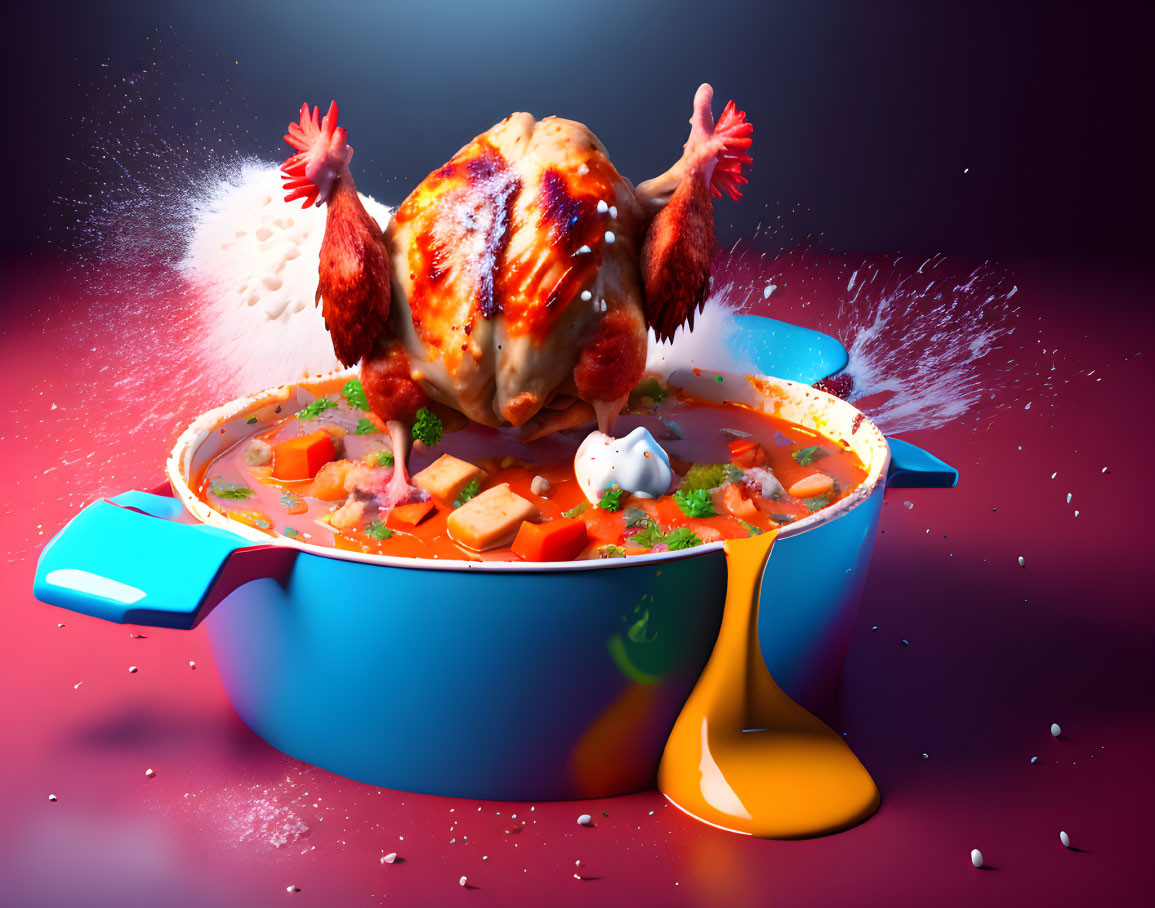 Colorful 3D Animated Turkey Leaping from Stew