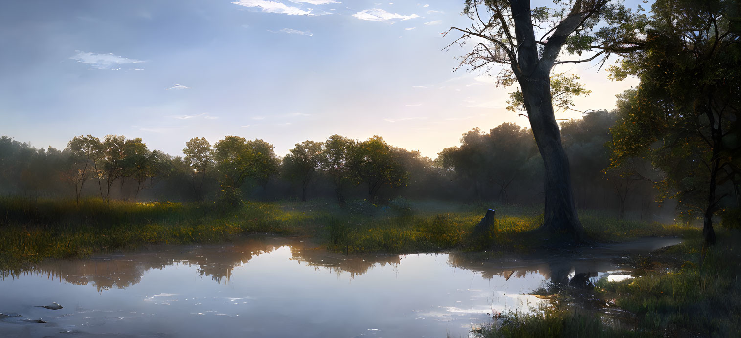 Serene forest sunrise: mist, reflective pond, scattered trees.