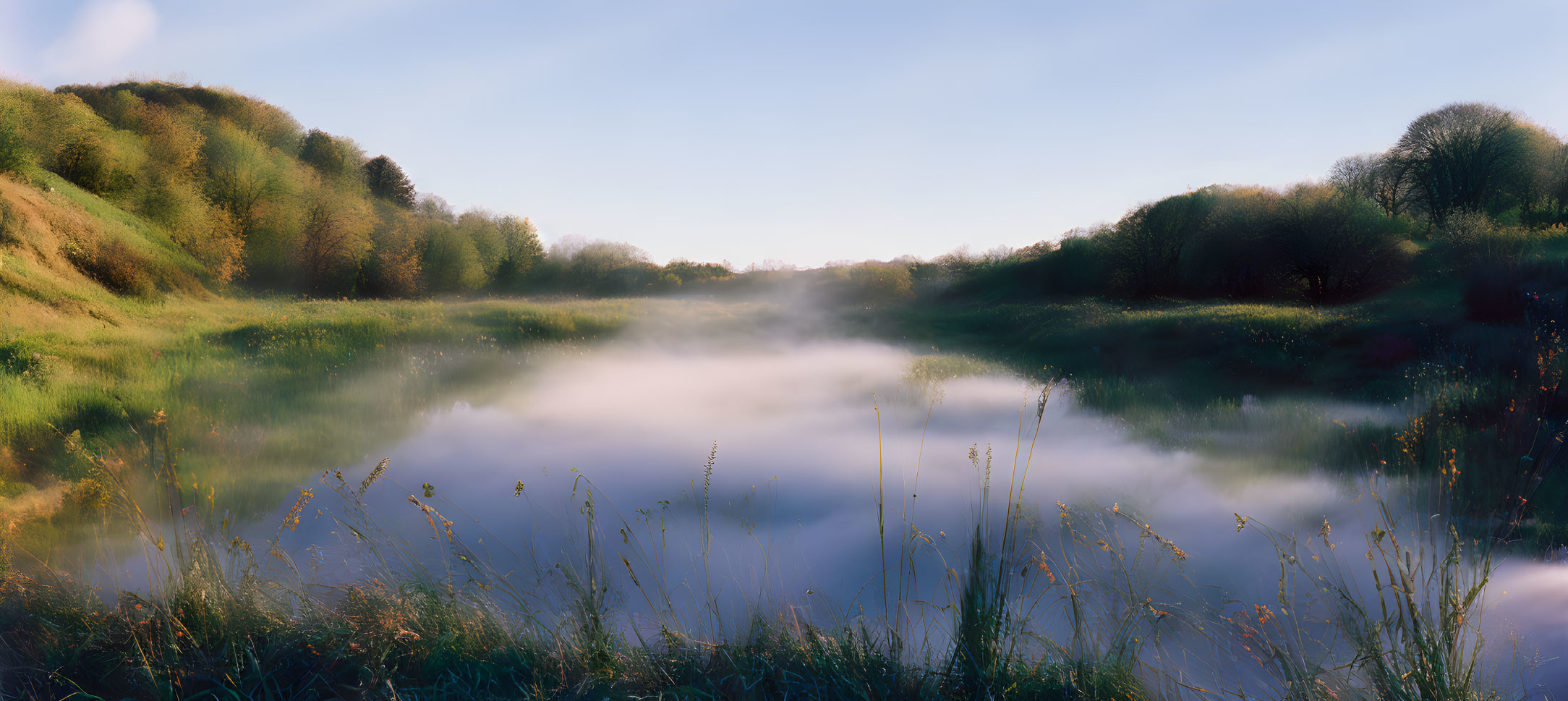 Tranquil landscape with misty meadow and glowing sky