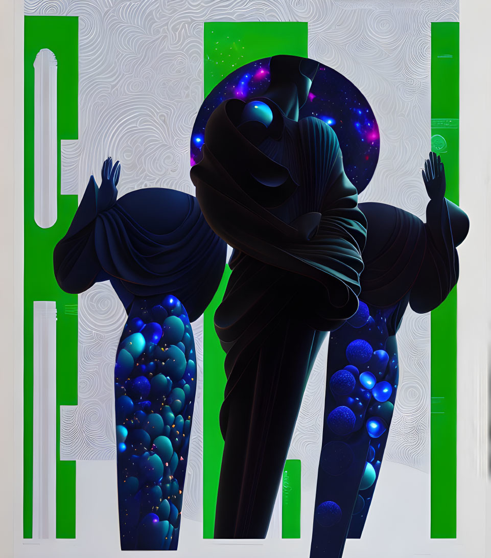 Stylized humanoid figure with cosmic texture on patterned green background