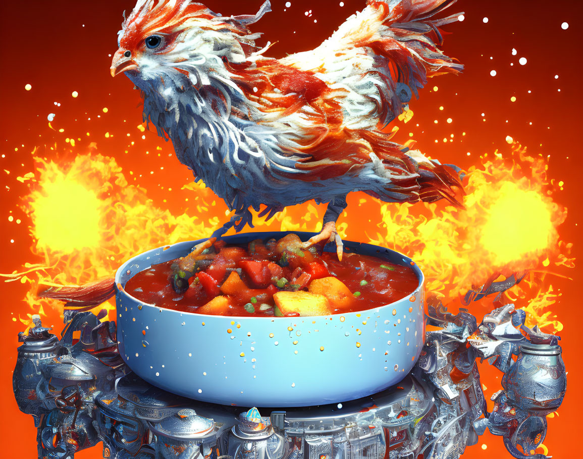 Fiery phoenix in spicy stew with silver armor on orange backdrop