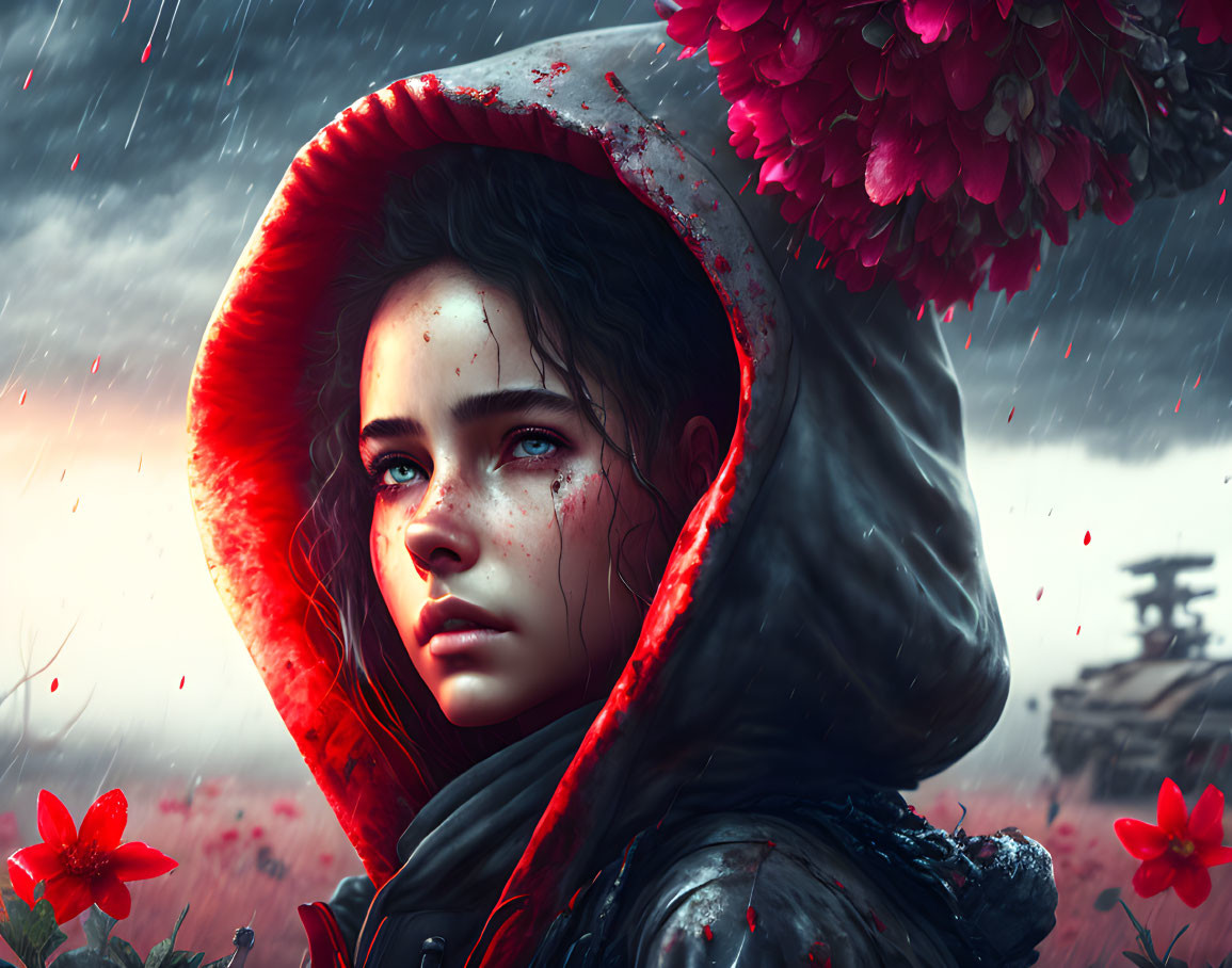 Young girl with blue eyes and red hood in stormy scene with red flowers