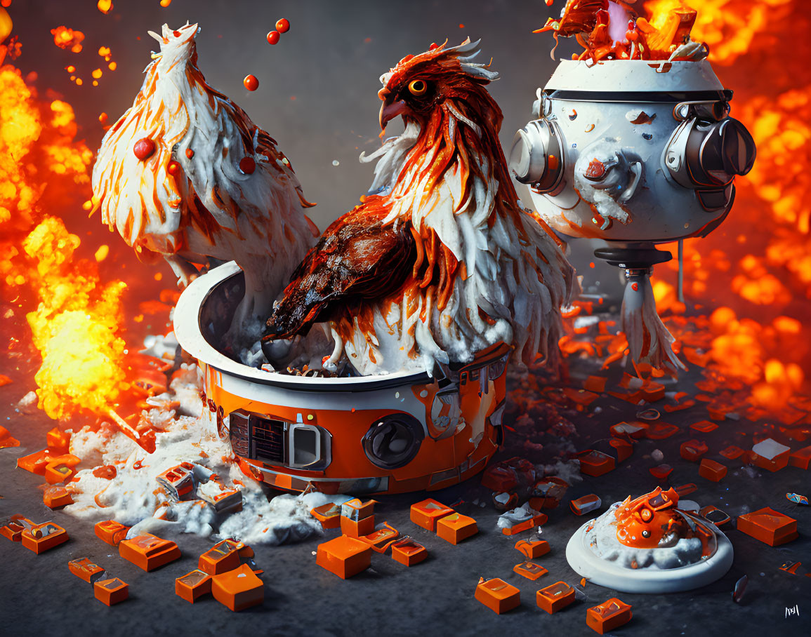 Robotic chicken with real chicken head on fiery pressure cooker with orange cubes