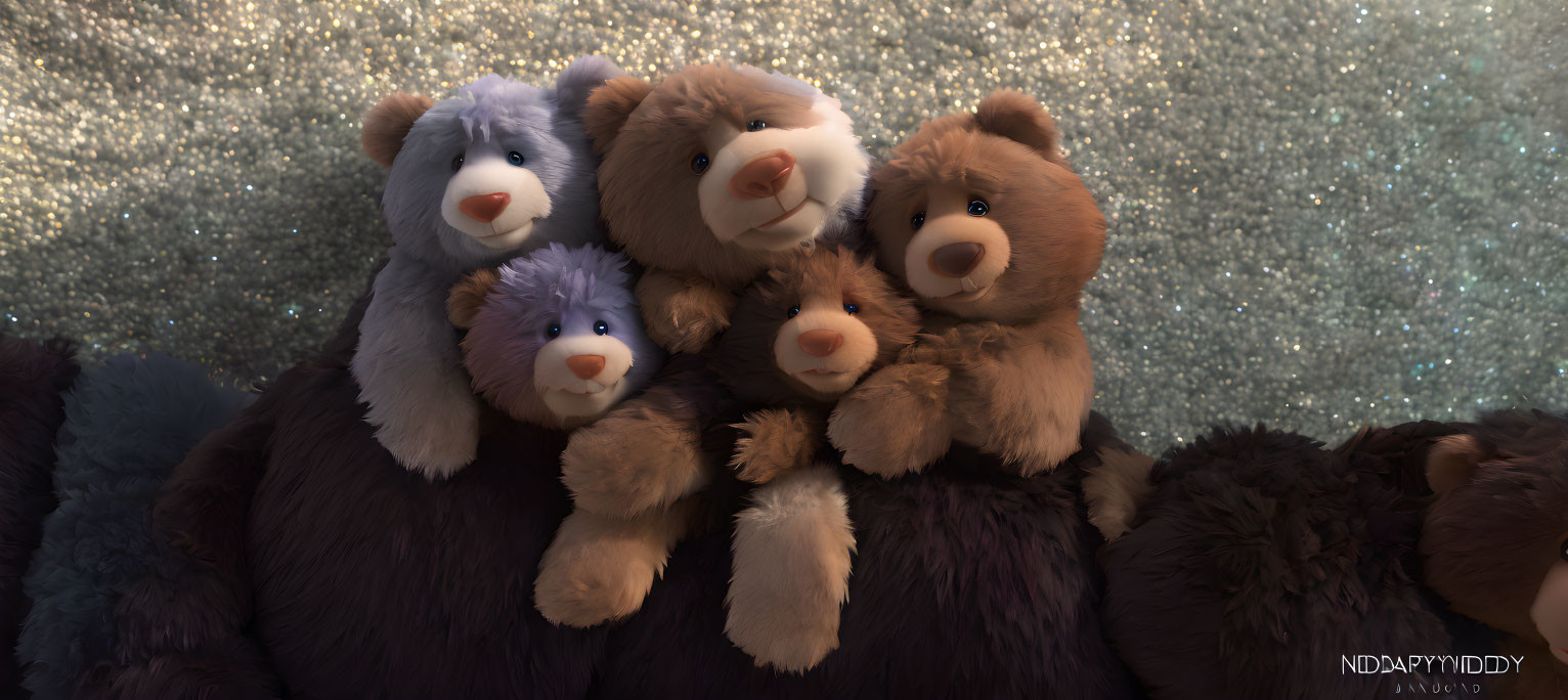 Five plush teddy bears in various fur colors on golden backdrop