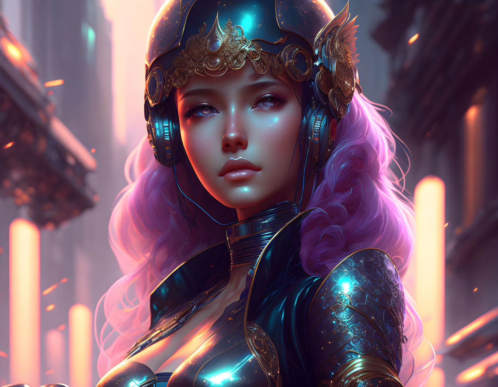 Digital artwork: Woman with purple hair in futuristic armor with golden ornate details on neon-lit background